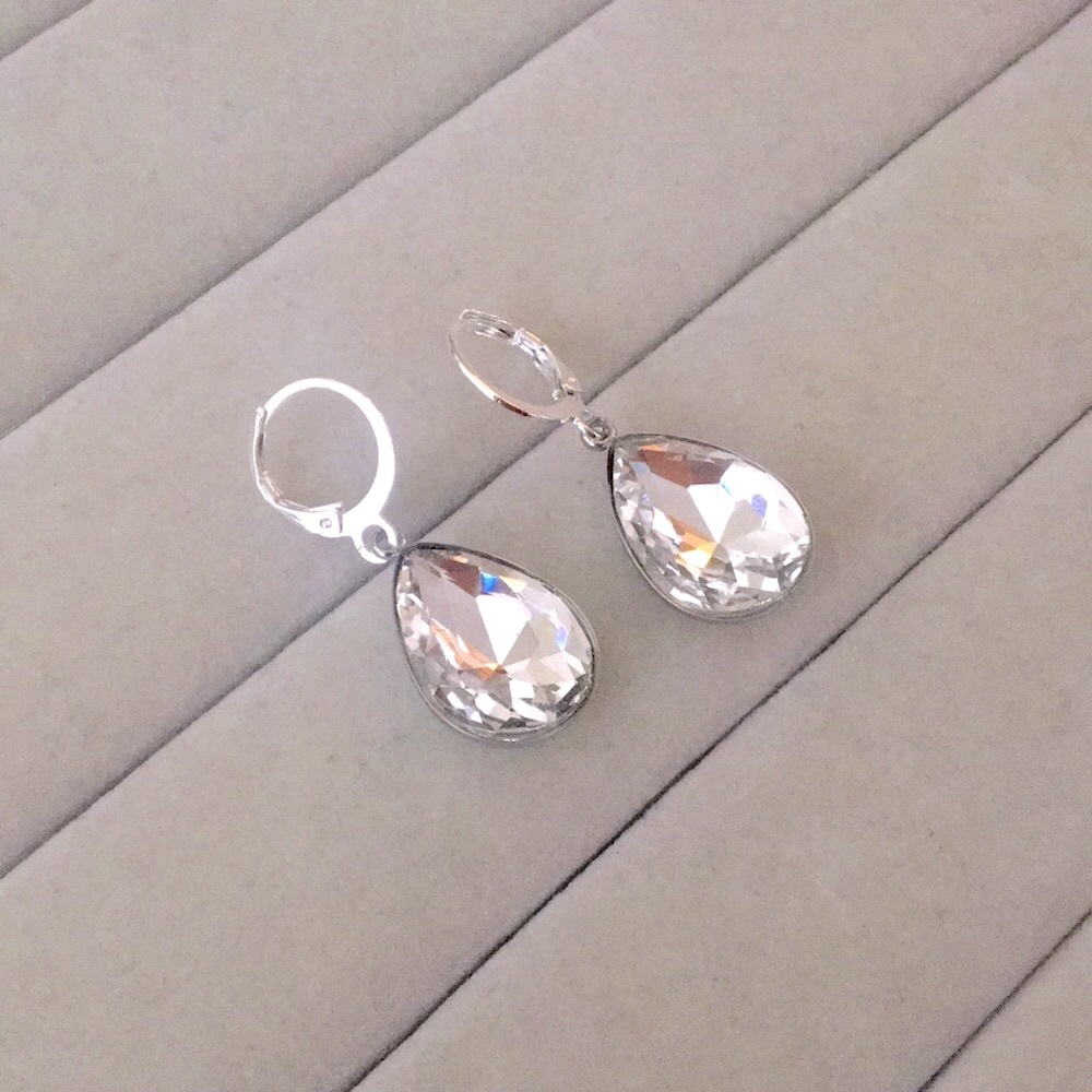 Silver + Stainless Steel Crystal Pear Drop Earrings - Picture 3 of 7
